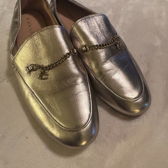 Coach Gold flats Loafers Chain charm slip on shoes womens 9.5M shiny leather - Picture 2 of 9